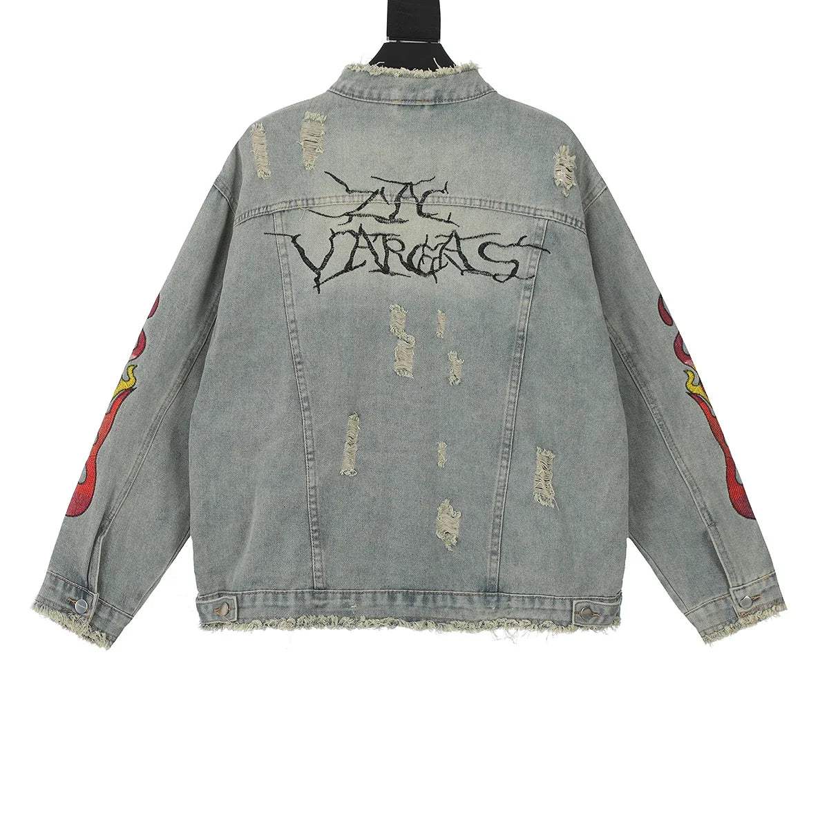 Hearujoy High Street Cleanfit Ripped Flame Embroidery Hole Washed Blue Denim Jackets Men and Women Vintage Frayed Baggy Jeans Coat