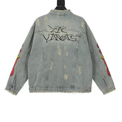 Hearujoy High Street Cleanfit Ripped Flame Embroidery Hole Washed Blue Denim Jackets Men and Women Vintage Frayed Baggy Jeans Coat