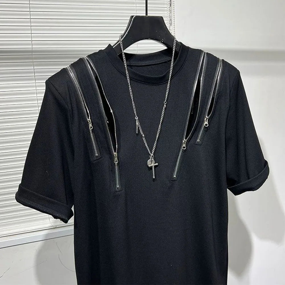 Hearujoy Mens Irregular Zipper Splicing T-Shirt Genderless 2024 New Fashion Personality Casual Versatile Short-Sleeved Top For Men