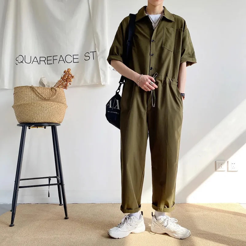 Hearujoy Men's Overalls Jumpsuits Summer Fashion Casual Nine Point Cargo Pants Japanese Retro Male Clothes Couple Loose Solid Color Suit