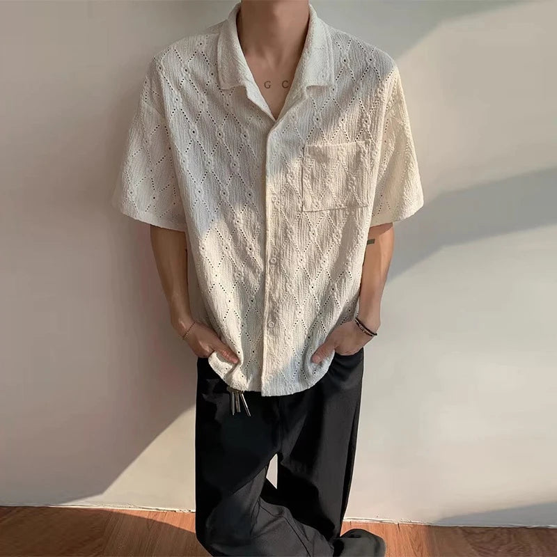HEARUJOY  -  Summer Men's Clothing Light Luxury Jacquarded Suit Collar Shirts Streetwear Button-down Short Sleeve Retro Leisure Fashion M-3XL