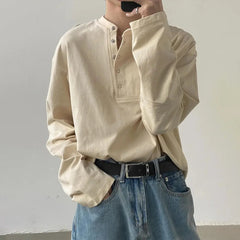 HEARUJOY  -  Mens T-Shirt Side Placket Casual T-Shirt Autumn Streetwear Personality Niche Versatile Long-Sleeved Top Men'S Clothing
