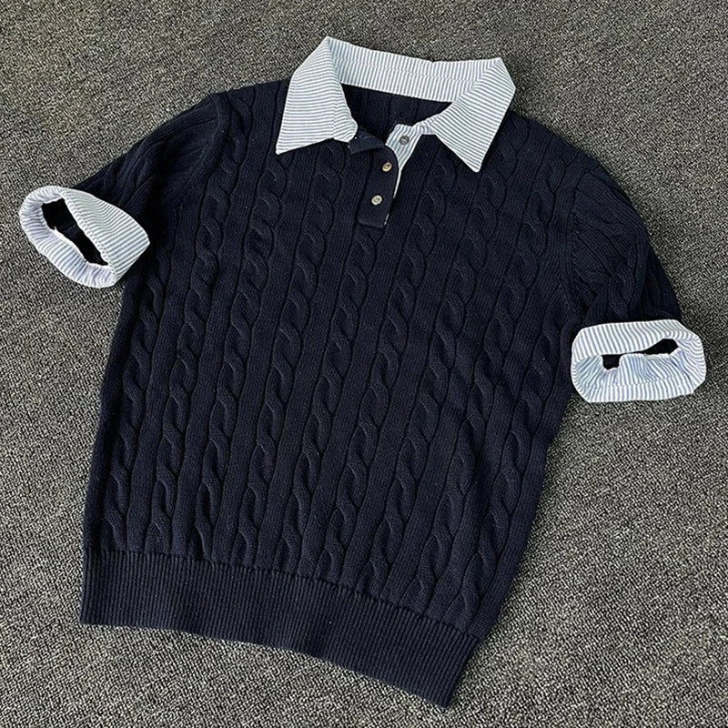 HEARUJOY  -  Summer New Casual Mens Knit Polo Shirt Slim Fit Short Sleeve Lapel Patchwork Polos Men Knitting Striped Printed Polo Shirts