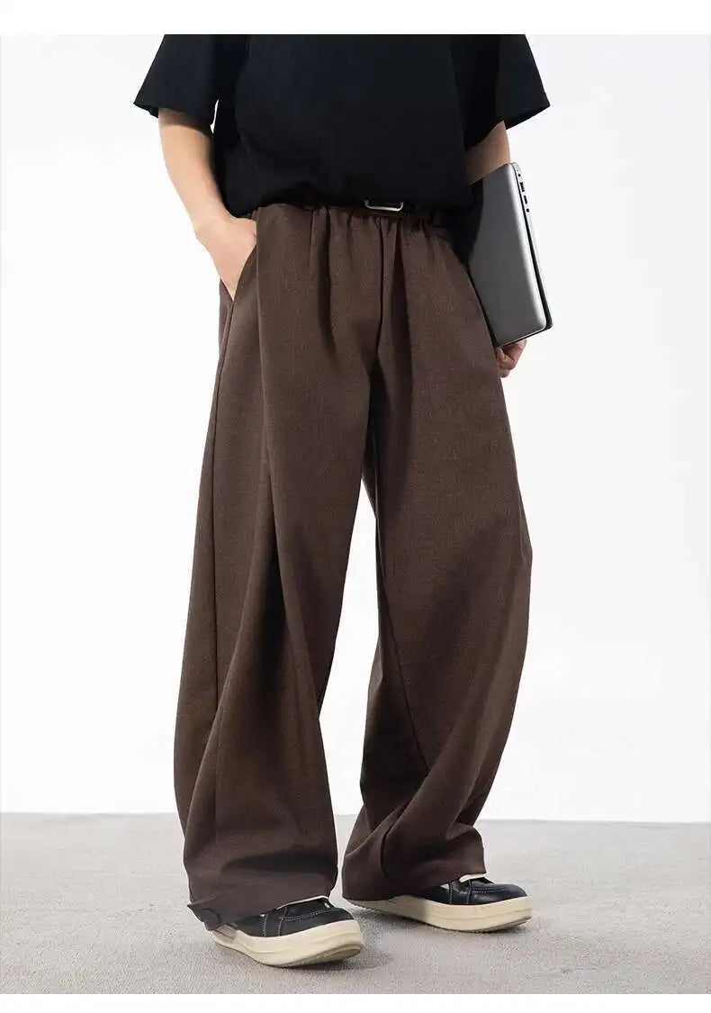 HEARUJOY  -  Korean Style Men's Suit Pants Solid Color Pleated Design Botton Drawstring Simple Elastic Waist Summer Male Trousers