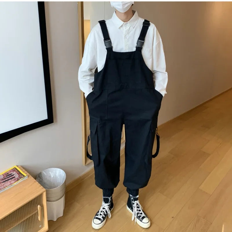 Hearujoy Suspenders Jumpsuit Pants Men Summer Overalls Japanese Loose Straps Casual Pockets Unisex Oversize Streetwear Solid Man Clothing