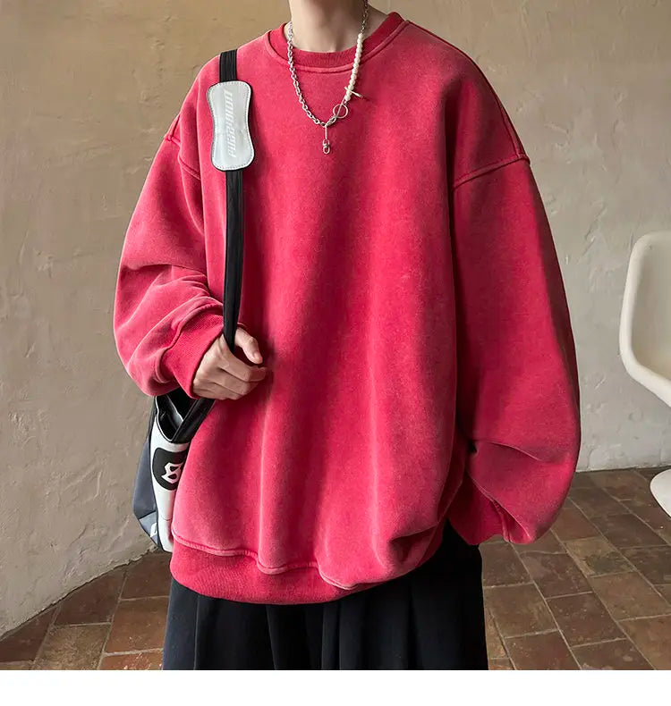 HEARUJOY  -  American Washed Old Pullovers Sweatshirts Men Loose Solid Color 2025 Autumn Large Size Warm O Neck Tops Hip Hop Y2k Sweatshirt
