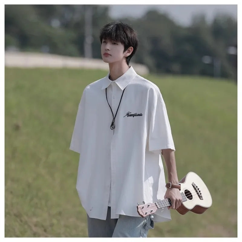 HEARUJOY  -  Retro Japanese Men's Casual Short Sleeve Shirt Spring Summer Loose Fit Versatile Youth Button Loose Half Sleeve Blouse Shirts