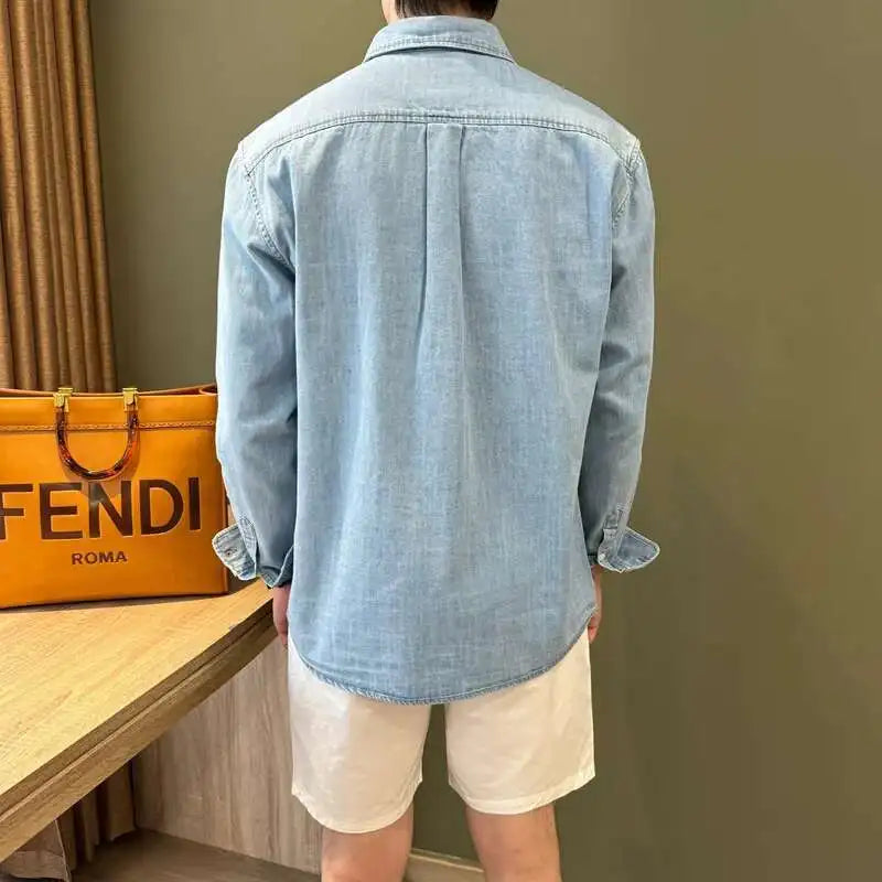 HEARUJOY  -  Lapel Collar Cotton Blend Denim Shirt Long Sleeve Shirt Retro Shirt British Versatile Casual Shirt Man Camisa Social Masculina