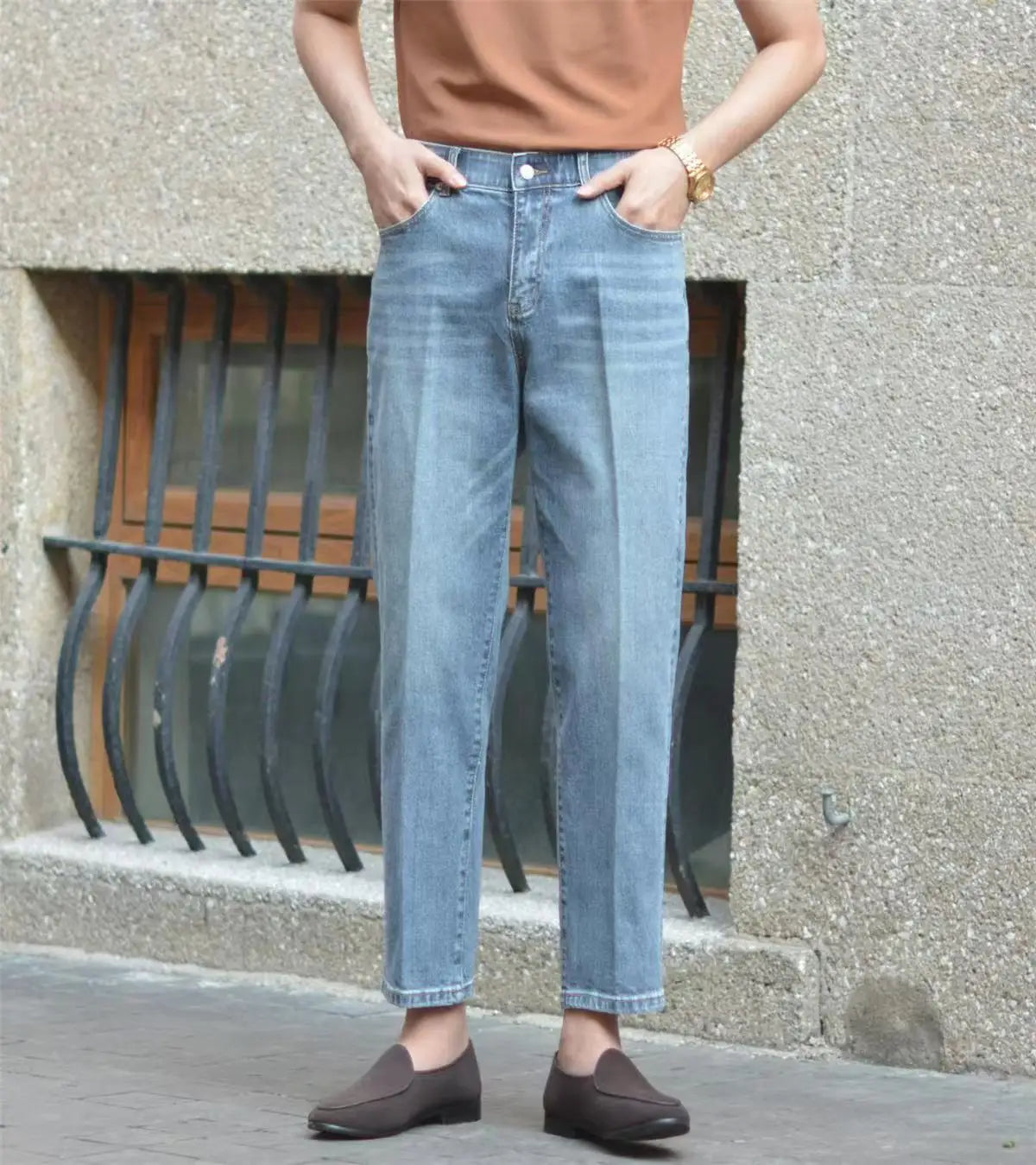 HEARUJOY  -  Spring Autumn Vintage Cotton Men Jeans Pants Elastic High Waisted Straight Trousers British Business Casual Naples Denim Pant