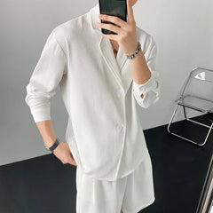 Hearujoy Summer Black/White Sets Men Fashion Long-sleeved Shirt Shorts Two-piece Men Korean Casual Loose Plaid Sets Mens Suit M-2XL