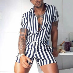 Hearujoy Fashion Men Striped Rompers Short Sleeve Button Shorts Lapel Jumpsuit Drawstring Streetwear 2024 Casual Playsuit Hombre