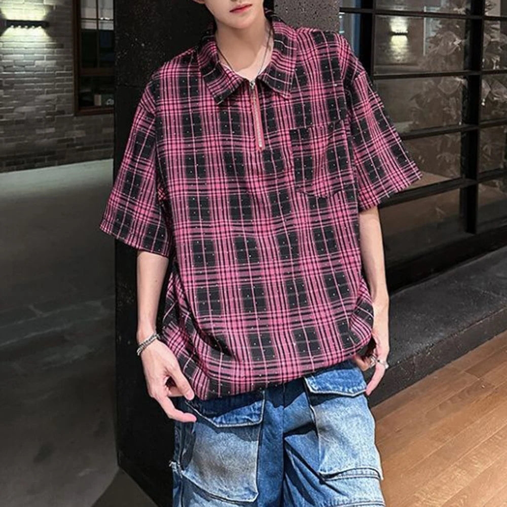 HEARUJOY  -  Mens Hot Diamond Plaid Half-Zip Casual Shirt Streetwear Fashion Youth Campus Versatile Short-Sleeve Tops Men'S Clothing 2025 New