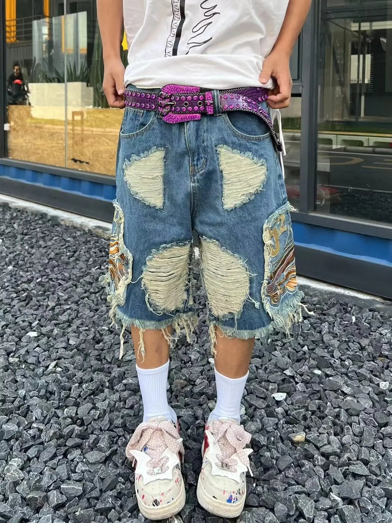Hearujoy Embroidered tassel high street denim men's street hip-hop trendy brand ripped pants European and American fashion retro shorts