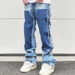 Hearujoy High Street Patchwork Ripped Black Jeans Pants for Men Straight Retro Casual Sashes Pockets Denim Trousers Oversized Loose Jean