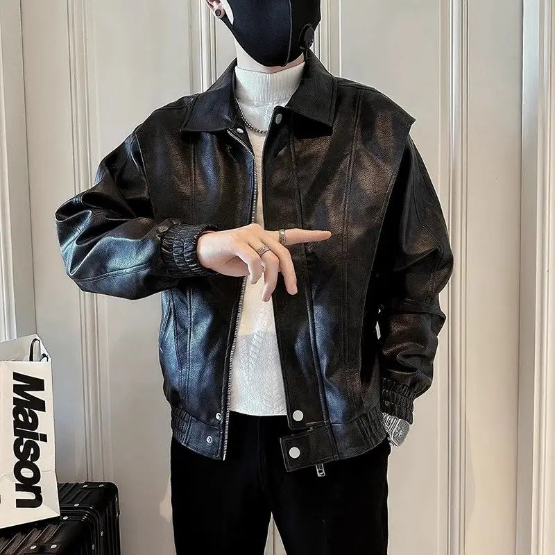 Hearujoy Leather Jacket for Men Trendy and Stylish with a Sense of Luxury Men's Leather Jacket New Style Lapel American Top