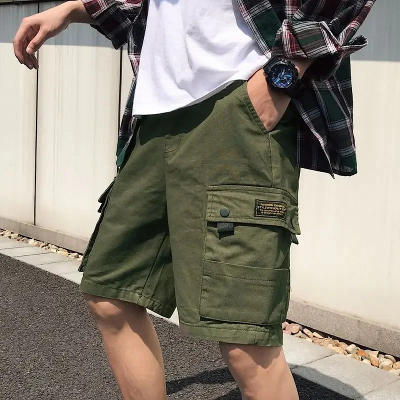 HEARUJOY  -  Oversize Wide Multi Pocket Loose Baggy Short Pants for Men Solid Big Size Elastic Waist Mens Cargo Shorts Hevy Whate Cotton Tall