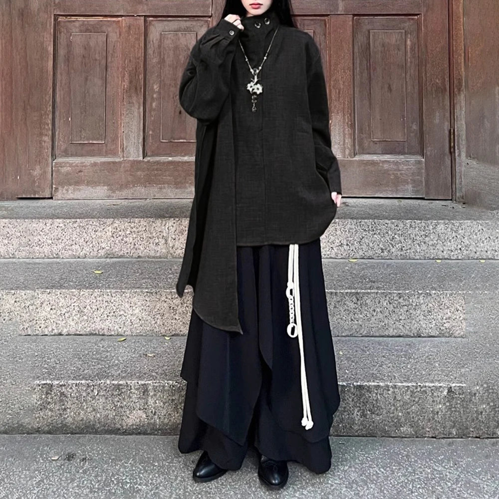 HEARUJOY  -  Y2k Layered Buttoned Culottes Dark Gothic Style Hakama Genderless Japanese Streetwear Casual Wild Wide-Leg Samurai Pants Unisex