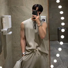 Hearujoy Summer Clothing Men's Casual Tank Tops Set Luxury Korean Streetwear O Neck Solid Drape Vest+Trousers 2 Piece Suit 2024 New