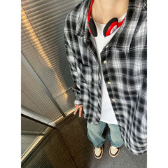 HEARUJOY  -  5XL Long Sleeved Shirt Men Oversized Retro Plaid Shirt Men Japanese Streetwear Loose Casual Shirt Mens Vintage Shirts Plus Size