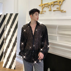 Hearujoy Men shirts Long sleeve Streetwear Men Shirt Cargo Vintage Fashion Sequins tassel Stage Show Dress Shirt Oversized Blouse