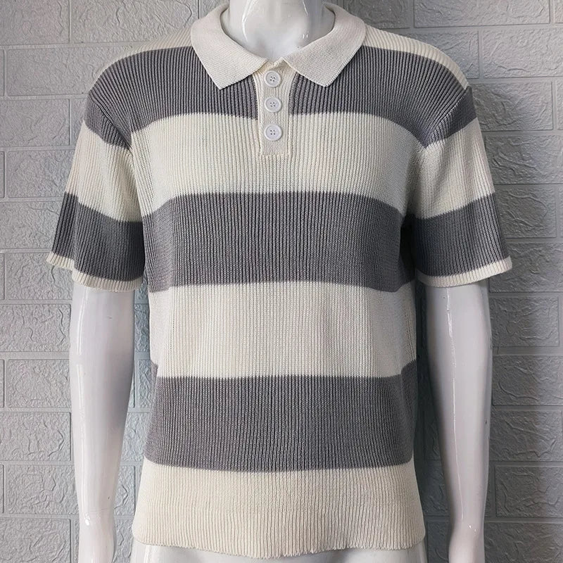 HEARUJOY  -  Men's New Polo Shirt Color Striped Short-sleeved Lapel Casual Sweater Top
