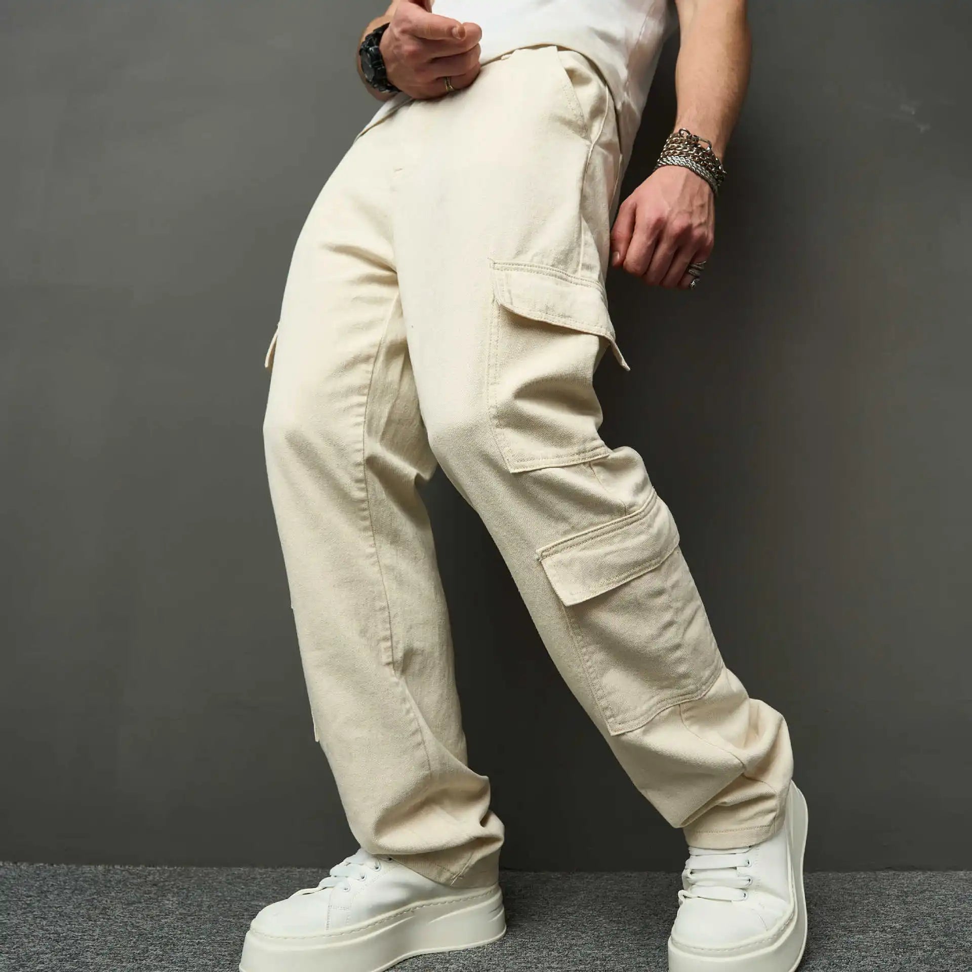 HEARUJOY  -  Spring Autumn Men American High Street Multi Pocket Cargo Pants Loose Straight Jeans Washed Workwear Wide Leg Denim Trousers