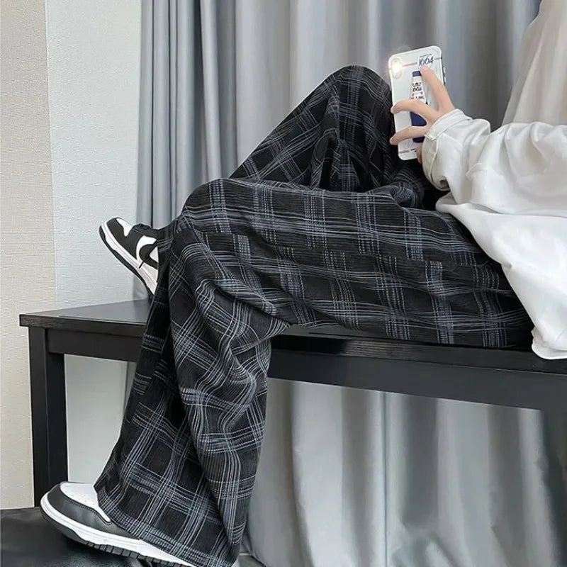 Hearujoy Check Trend Plaid Baggy Trousers For Men Loose Classic Korean Style Designer Clothes Big Size Harajuku Fashion Casual Pants Man