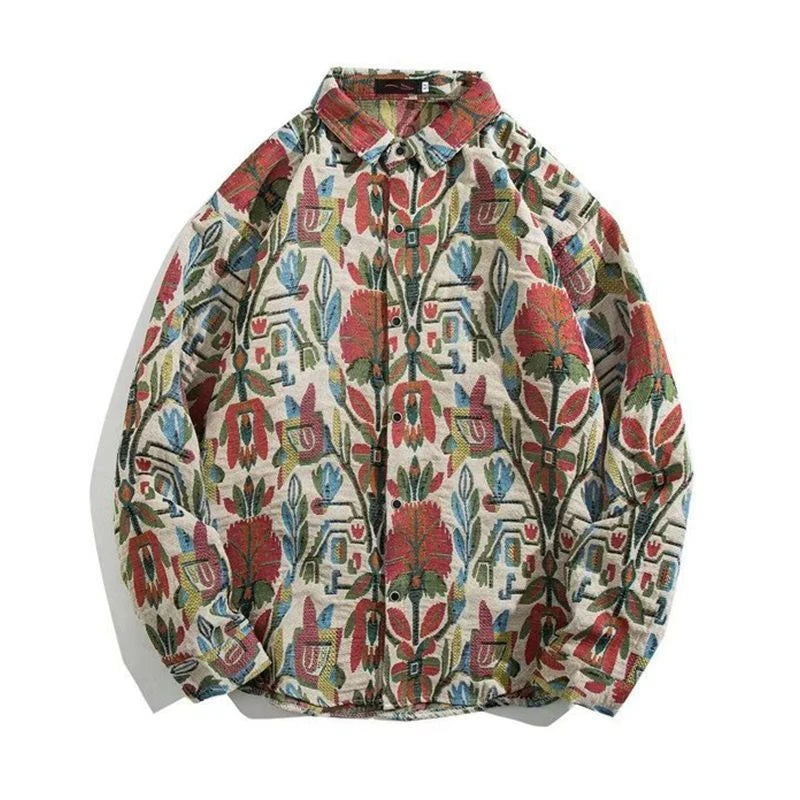 HEARUJOY  -  Cuban Colored Numb Ethnic Style Shirt Men Weaving and Embroidered Spring and Autumn Retro Hong Kong Style Shirt Jacket