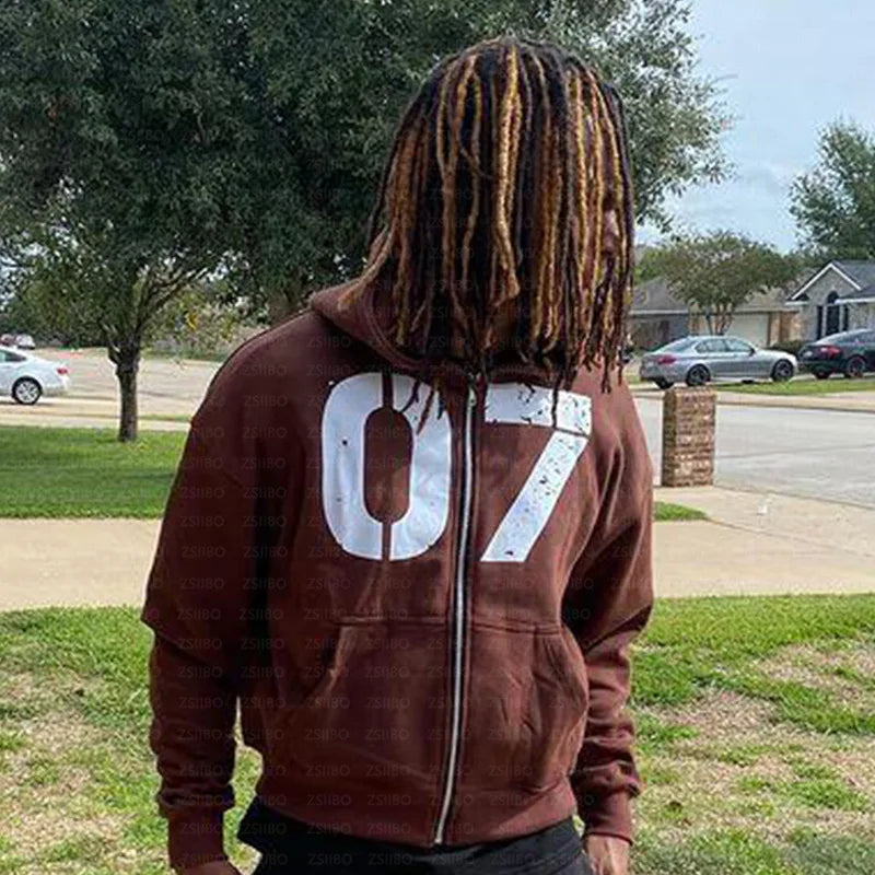 Hearujoy Gothic Retro Oversized Hoodie Number 07 Printing Y2k Hooded Cardigan Sweatshirts European and American Fashion Long Sleeve
