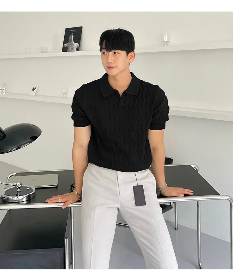 HEARUJOY  -  Summer Clothing Men's Light Luxury Knitted Jacquard Polo Shirt V-Neck Solid Color Short-sleeved Korean Popular Leisure Knitwear
