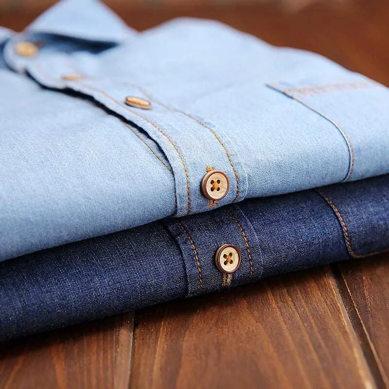 HEARUJOY  -  Fashion Korean Style Denim Shirt For Men 100% Cotton Long Sleeve Slim Fit Tops Spring Autumn Casual Denim shirts Plus Size 4XL