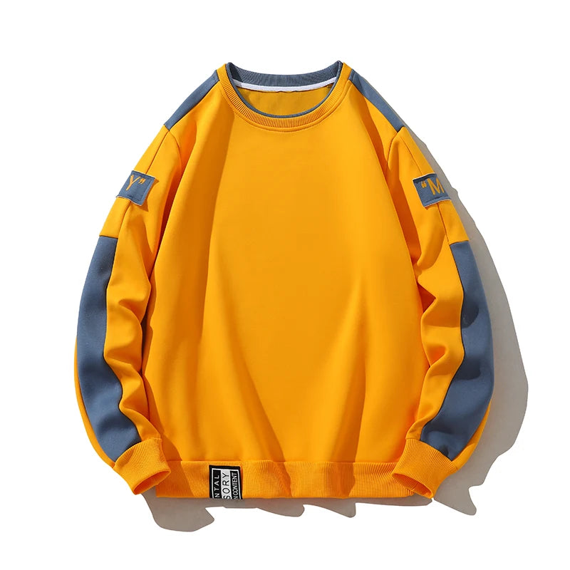 HEARUJOY  -  Men's Round Neck Hoodies Spring Autumn New Fashion Trend Versatile Patchwork Long Sleeve Letter Print Pullover Loose Casual Tops