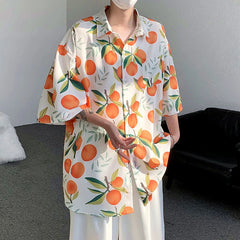 Hearujoy Orange Cute Fruit Peaches Full Print Shirts Loose Half Sleeve Summer Blouse Funny Hawaii Tops Oversized Mens Hip Hop Casual Coat