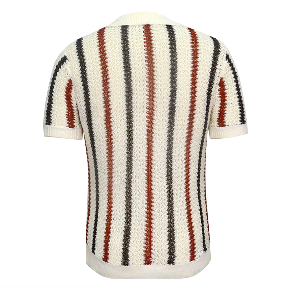 Hearujoy Mens Breathable Striped Casual Hollow Knitted Polo Shirt Genderless 2024 Summer New Fashion Contrast Color Simple Shirt Unisex