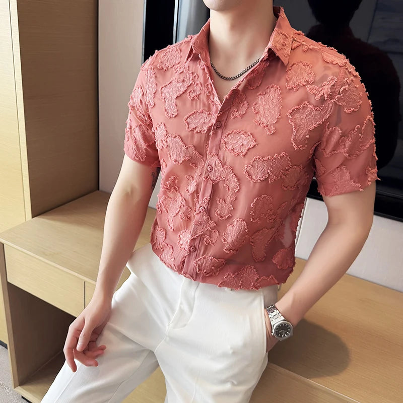 HEARUJOY  -  Summer Mens Mesh Lace Short Sleeve Shirt Men Streetwear Hollow-Out Dance Shirts Male Nightclub Disco White Shirts Tops