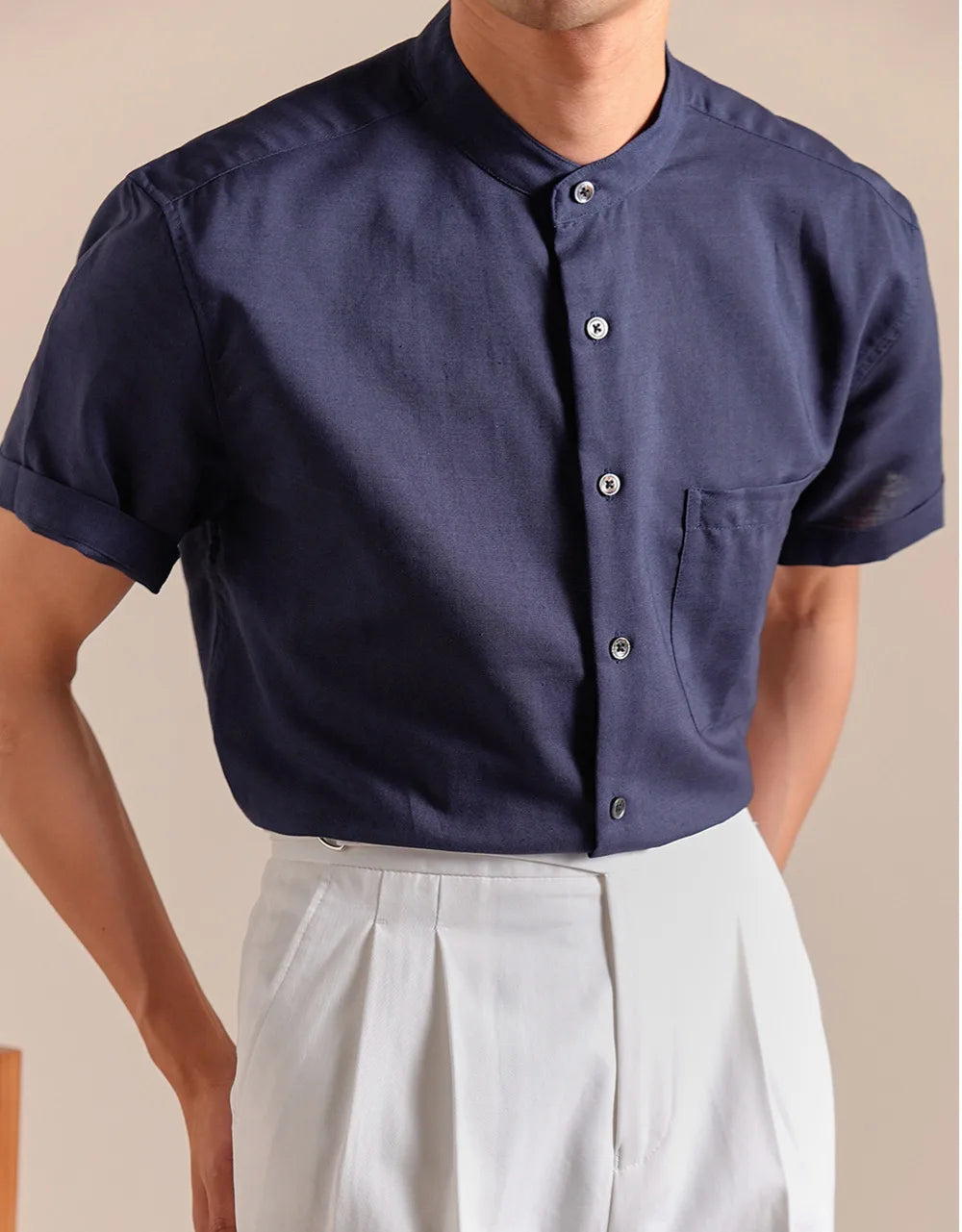 HEARUJOY  -  Natural Linen Cotton Blend Stand Up Collar Shirt Top Quality Men's Short Sleeved Casual Loose Thin Breathable Shirt 3 Colors