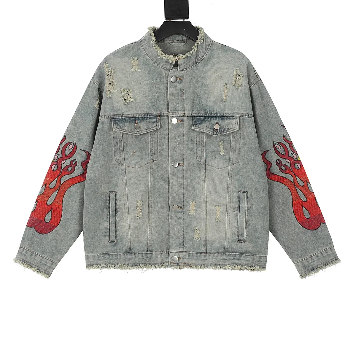 Hearujoy High Street Cleanfit Ripped Flame Embroidery Hole Washed Blue Denim Jackets Men and Women Vintage Frayed Baggy Jeans Coat