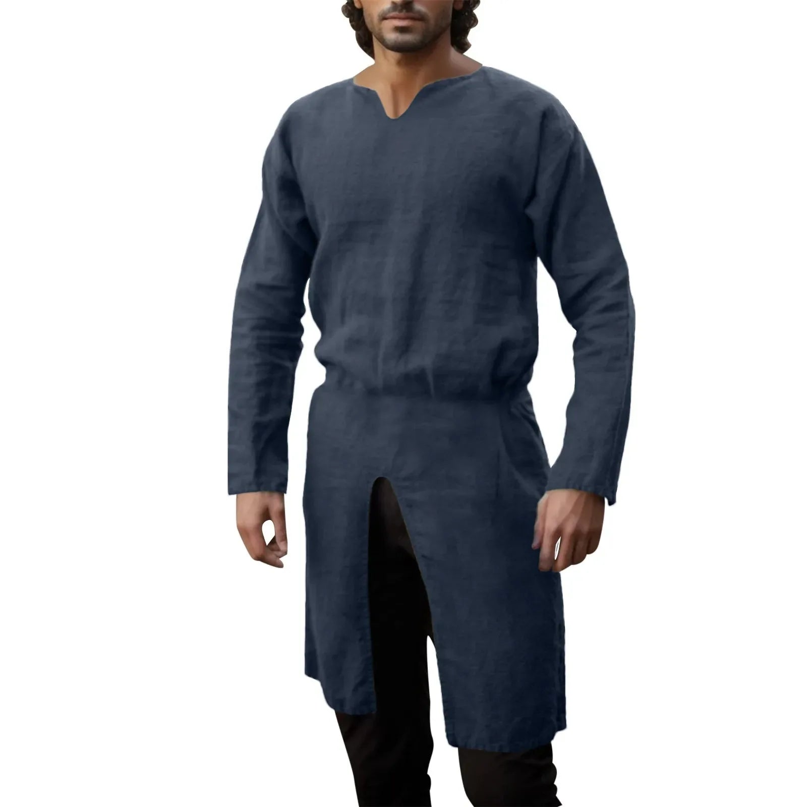HEARUJOY  -  Streetwear Long Sleeve Tshirt For Men European Medieval Knight Top Vintage Loose V-neck Split Long Gown Pullover