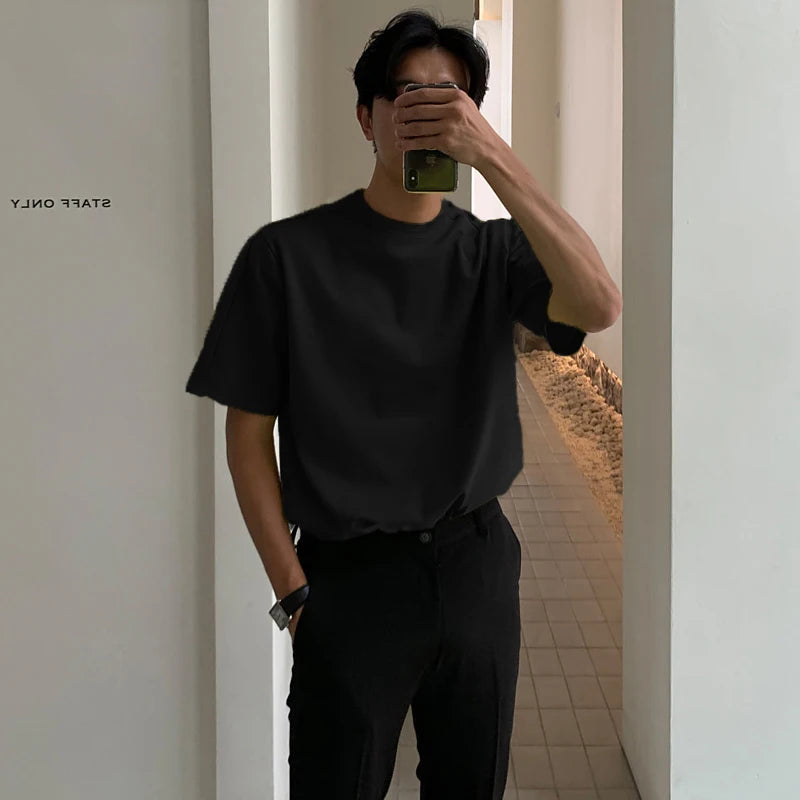 HEARUJOY  -  Summer Cotton Short Sleeved T-shirt Men Fashion Casual T Shirt Men Streetwear Korean Loose Black White T Shirt Mens Top M-2XL