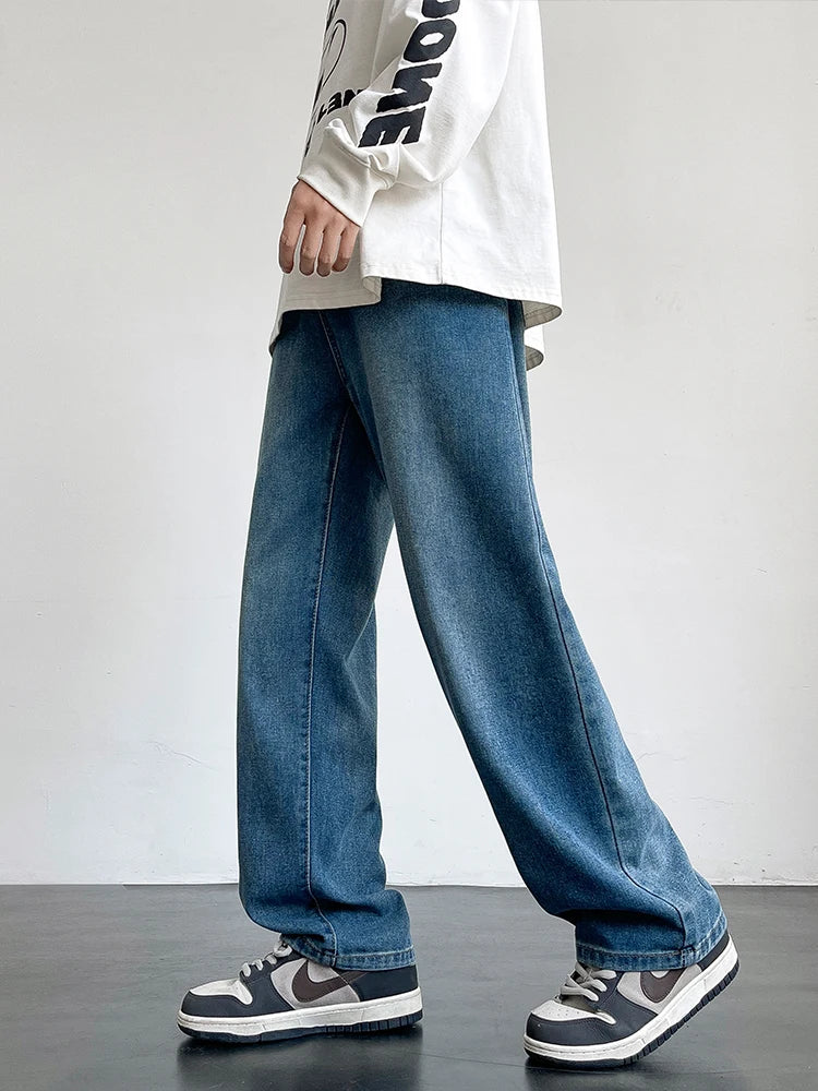 HEARUJOY  -  Spring Summer Men's Jeans Korean Fashion Black Blue Wide Leg Denim Pants Loose Straight Jean Trousers