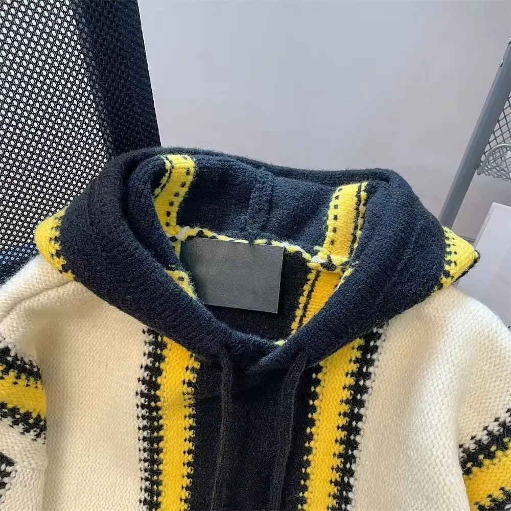 HEARUJOY  -  American Vintage Patchwork Striped Knitting Hoodie Men Autumn Winter Fashion Loose Hooded Sweatshirt High Street Sweater Warm