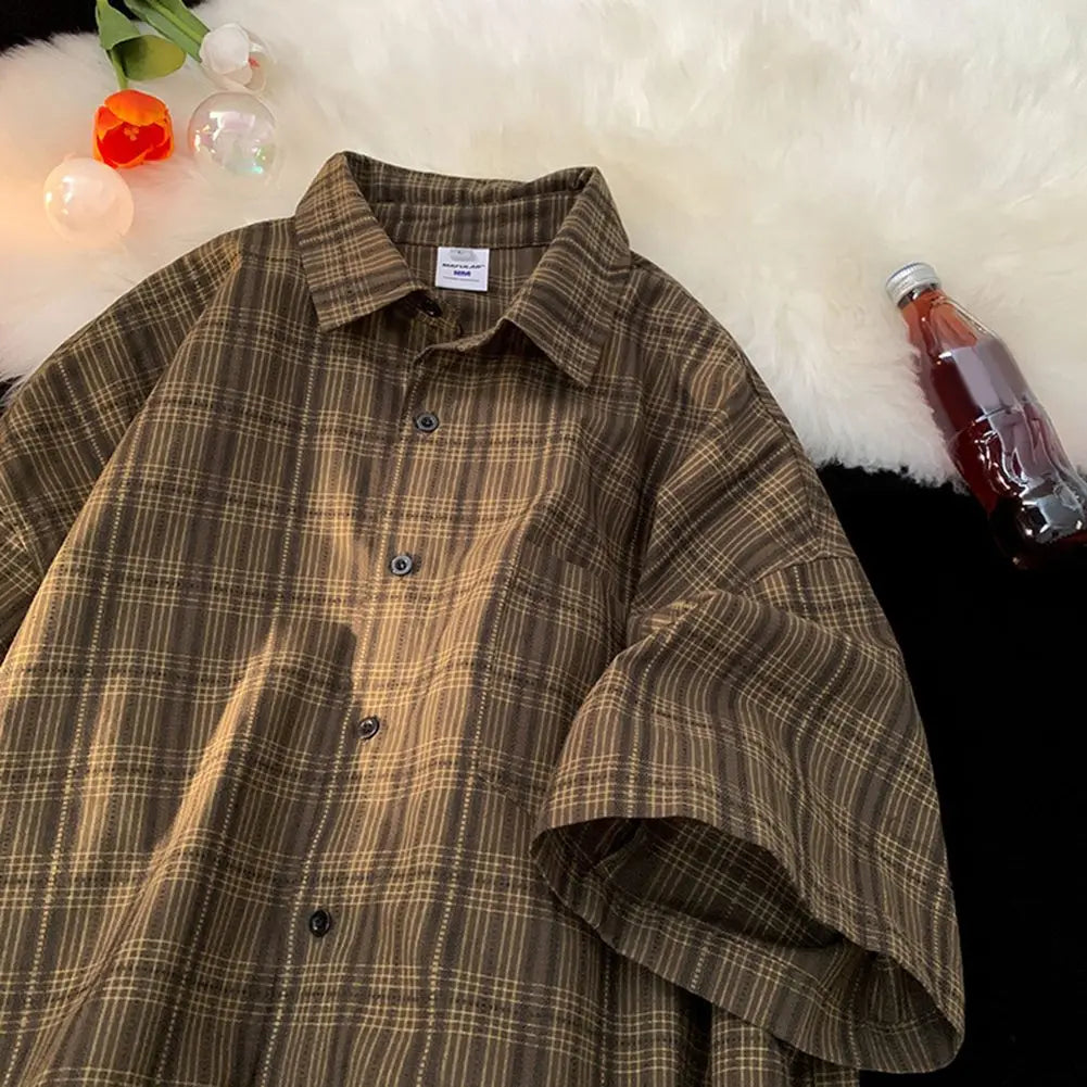 HEARUJOY  -  Couple Summer Tops Loose Short Sleeve Shirt Daily Casual Wear Plaid Pattern Shirt Vacation Outfits For Daily Wear