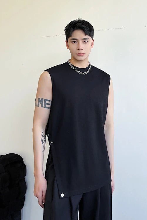 Hearujoy Korean Streetwear Fashion Summer Vest Personalized Asymmetric Design Round Neck Men's Top Versatile Solid Color Sleeveless