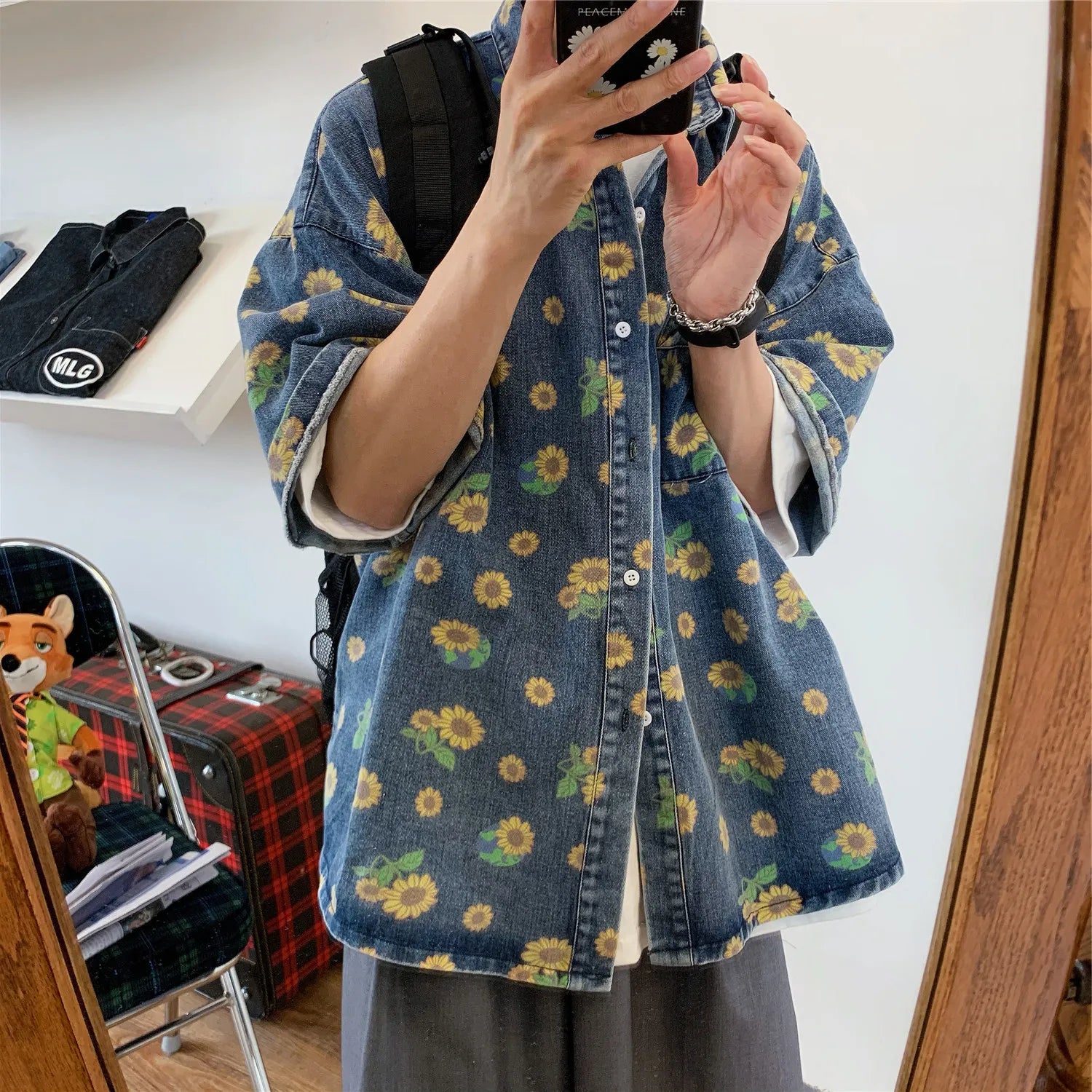 HEARUJOY  -  Summer Men Vintage Denim Shirts Short Sleeve Floral Printed Blouse Casual Loose Male Jean Coats Single-breasted Pocket Tops