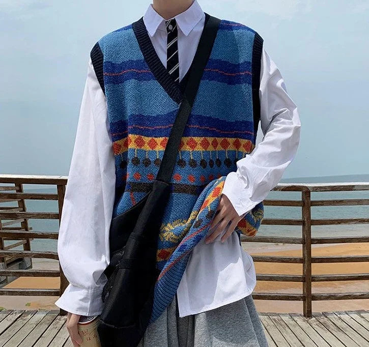 HEARUJOY  -  Sweater Man Casual Waistcoat V Neck Printed Knit Vests for Men Designer Cheap Korean Fashion Smooth Reviews Clothes Top Harajuku