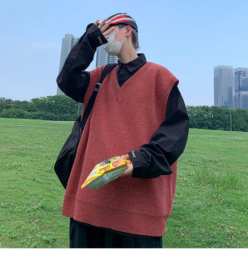HEARUJOY  -  Autumn Streetwear Mens Loose Sweater Vest Casual Thermal Oversized Winter Sweater Vest Men Sweater Vest  for Daily Wear
