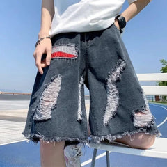 HEARUJOY  -  Baggy Man Denim Shorts Short Jeans Pants for Men Ripped Half Wide Bermuda with Pockets Long Loose Cowboy New in Rude Emo Cut Xl