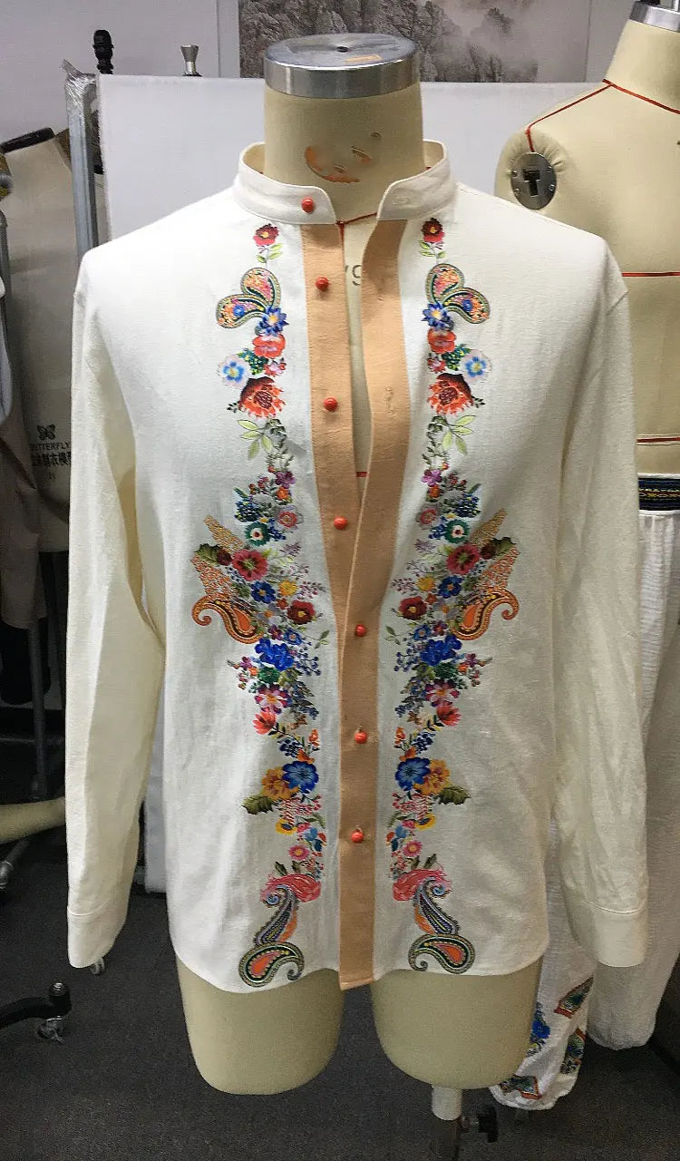 HEARUJOY  -  Men Open Collar Embroidery Long Sleeved Shirt Top Ethnic Style Retro Cotton Shirt High Quality Fashion Vintage Shirt Streetwear