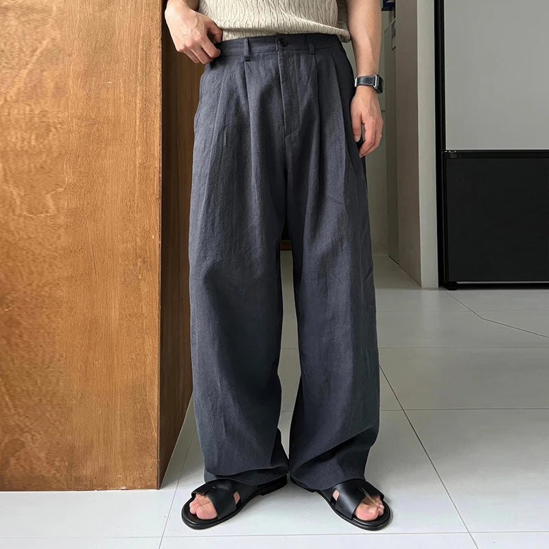 HEARUJOY  -  Men's Korean Light Luxury Draped Linen Wide Leg Pants Leisure Button-down Solid Color Straight Premium Elegant Sweatpants M-3XL