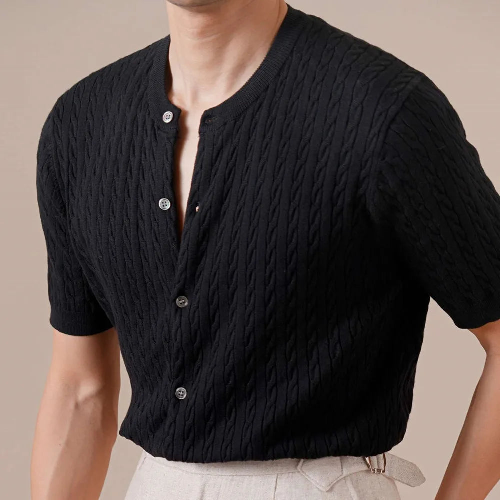 HEARUJOY  -  Summer Tencel Cotton Jacquard Knit Cardigan Men's Short Sleeve Thin Round Neck Draped Casual Business T-Shirt Breathable Polo